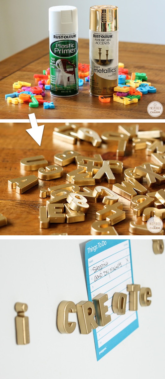 DIY Gold Magnetic Letters (cool idea for the fridge!) -- Home decor ideas for cheap! Lots of Awesome and Easy DIY spray paint ideas for projects, home decor, wall art and furniture!! This makes refurbishing old things so much fun! Just visit thrift stores and dollar stores to make things on a budget! Listotic.com