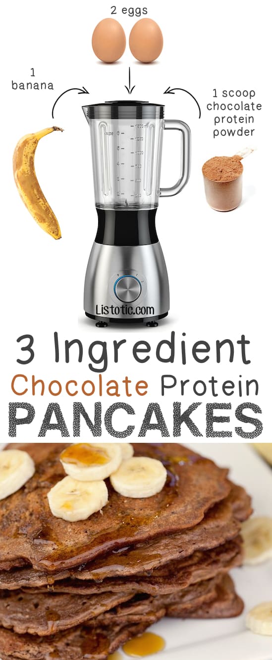 3 Ingredient Chocolate Protein Pancakes... gluten free breakfast! -- Quick, easy and healthy 3 ingredient snacks for kids, teens and adults! The perfect guilt-free treats and desserts! These recipes are perfect for weight loss and health. Listotic.com 
