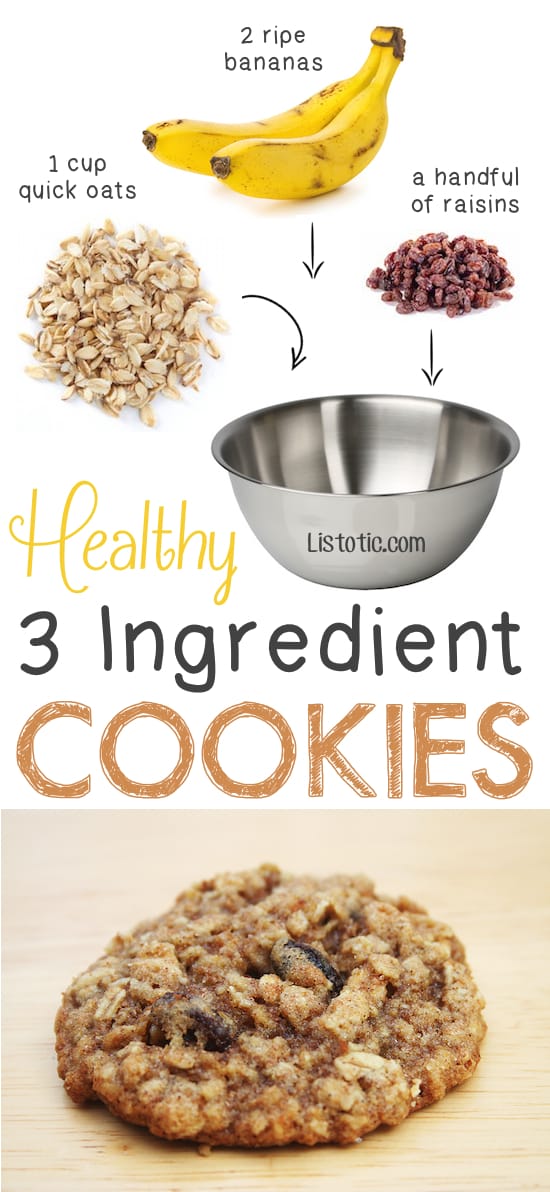 Healthy 3 Ingredient Oat Cookies.. so easy for on the go! -- Quick, easy and healthy 3 ingredient snacks for kids, teens and adults! The perfect guilt-free treats and desserts! These recipes are perfect for weight loss and health. Listotic.com 