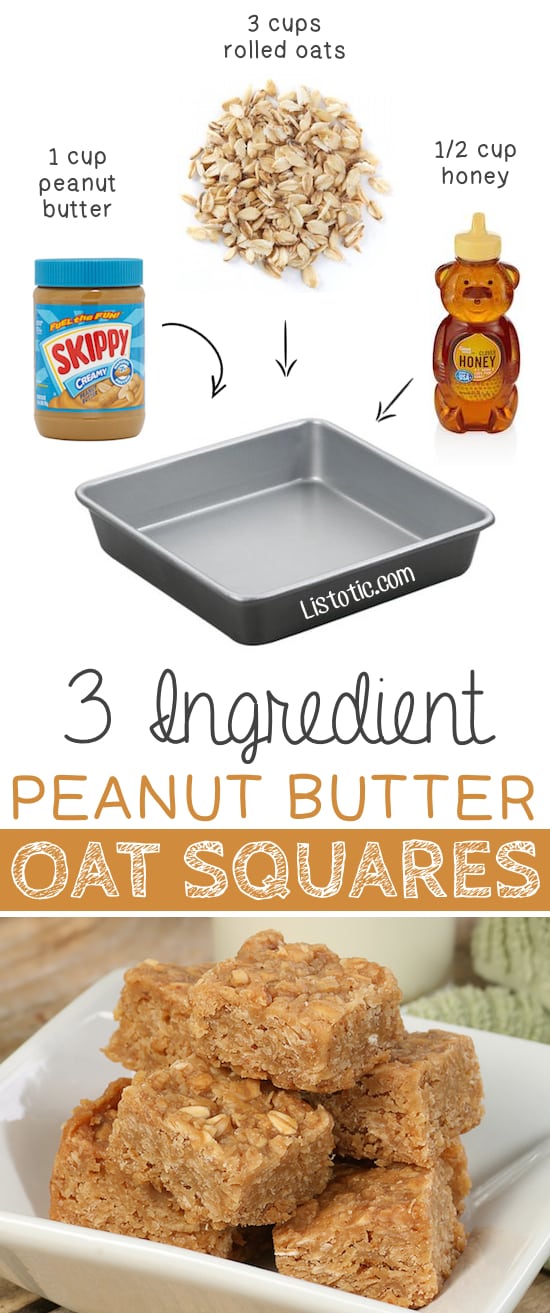 3 Ingredient No Bake Peanut Butter Oat Squares... great for on the go! -- Quick, easy and healthy 3 ingredient snacks for kids, teens and adults! The perfect guilt-free treats and desserts! These recipes are perfect for weight loss and health. Listotic.com 