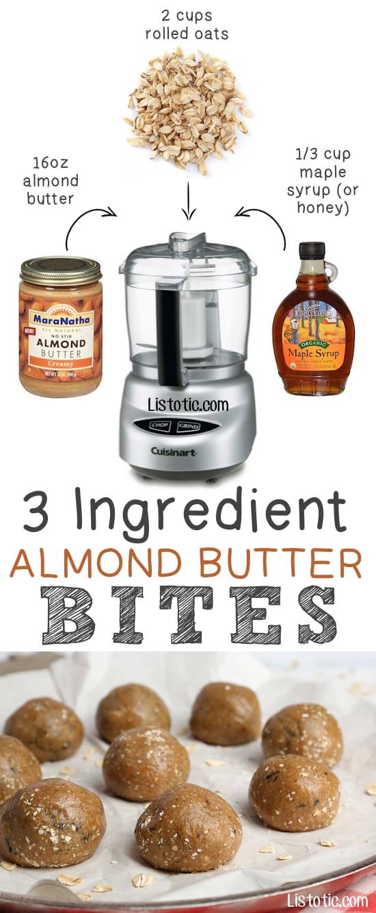 3 Ingredient On The Go Almond Butter Bites... They're like high protein energy bites. | Quick, easy and healthy 3 ingredient snacks for kids, teens and adults! The perfect guilt-free treats and desserts! These recipes are perfect for weight loss and health. Listotic.com 