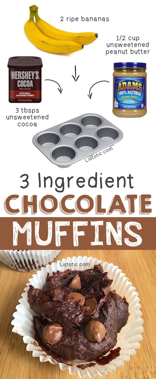 Super RICH healthy chocolate muffins! Basically, brownies. YUM -- Quick, easy and healthy 3 ingredient snacks for kids, teens and adults! The perfect guilt-free treats and desserts! These recipes are perfect for weight loss and health. Listotic.com 