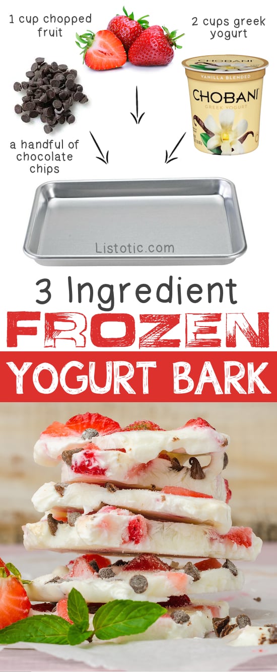 3 Ingredient Frozen Yogurt Bark -- an easy and super delish healthy treat for kids! | Quick, easy and healthy 3 ingredient snacks for kids, teens and adults! The perfect guilt-free treats and desserts! These recipes are perfect for weight loss and health. Listotic.com 