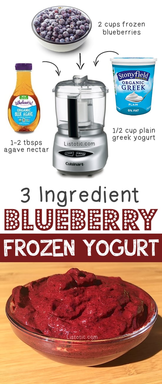 Healthy 3 Ingredient Blueberry Frozen Yogurt -- Quick, easy and healthy 3 ingredient snacks for kids, teens and adults! The perfect guilt-free treats and desserts! These recipes are perfect for weight loss and health. Listotic.com 