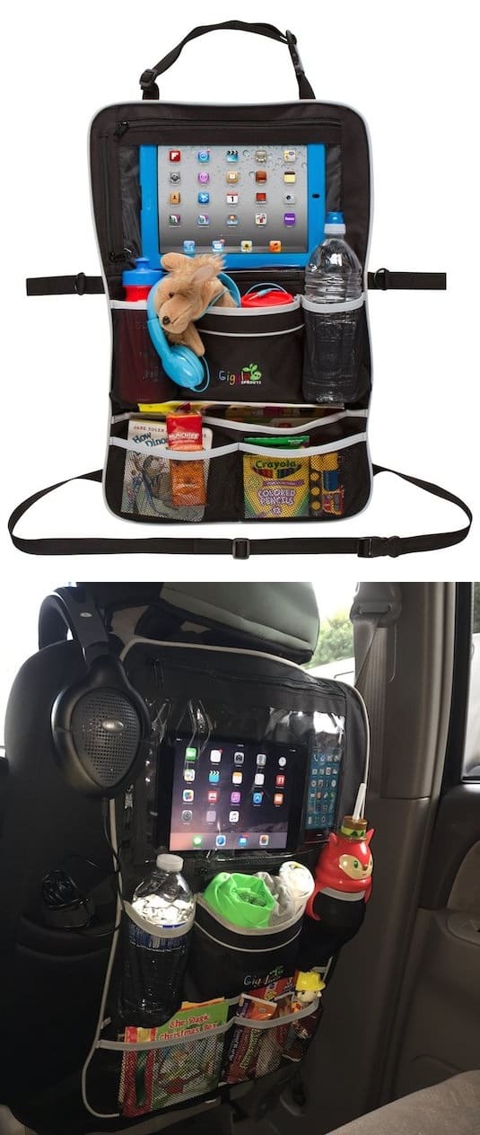 10 Helpful Car Tips and Ideas -- This is perfect to keep the back seat organized, and the kids can watch movies on the iPad!