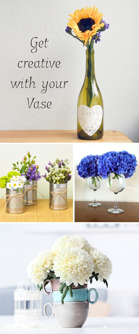 #10. Tænk uden for vasen! Brug hverdagsbeholdere som kaffekrus og vinflasker til blomsterarrangementer. -- 13 smarte blomsterarrangementer Tips Tricks