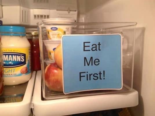 #1. Label a bin for food that will soon expire to prevent waste. | Fridge Organization Ideas! Use these refrigerator tips and tricks to keep your fridge organized and clean! A few of these DIY hacks will also free up space and save you a few bucks on wasted or spoiled food (a few dollar store ideas here). | Listotic