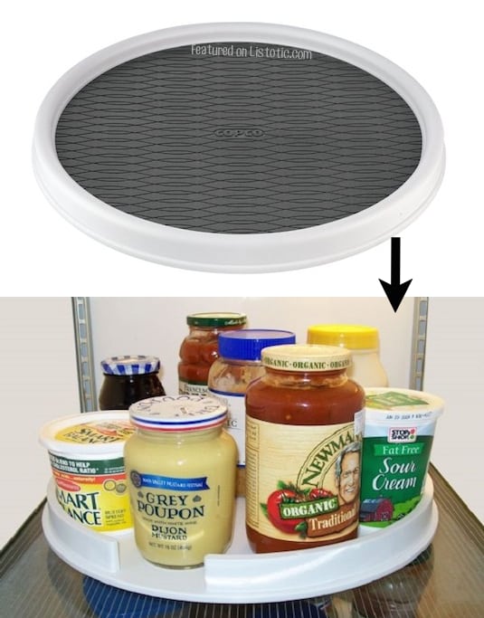 #2. Put a lazy susan in your fridge to easily access all of your condiments and jars. | 11 Brilliant Fridge Organization Ideas -- Use these refrigerator tips and tricks to keep your fridge organized and clean! A few of these DIY hacks will also free up space and save you a few bucks on wasted or spoiled food (a few dollar store ideas here). | Listotic