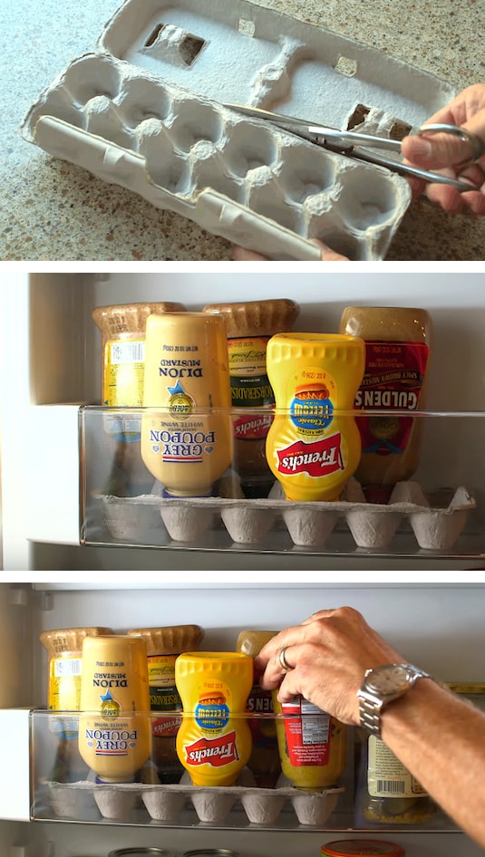 #3. Place your condiments upside down in an egg carton for an easier squeeze. | 11 Brilliant Fridge Organization Ideas -- Use these refrigerator tips and tricks to keep your fridge organized and clean! A few of these DIY hacks will also free up space and save you a few bucks on wasted or spoiled food (a few dollar store ideas here). | Listotic