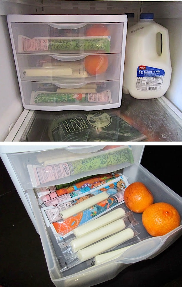 Fridge organization and makeover ideas (easy and cheap!). A few dollar store ideas and containers here too. This mini snack drawer idea is perfect for kids! Listotic.com