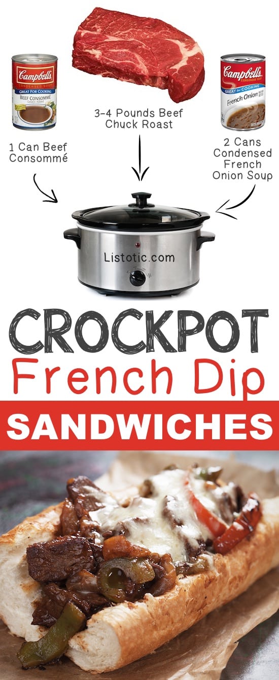 Crockpot French Dip Sandwiches and ingredients to easy slow cooker french dip meat recipe