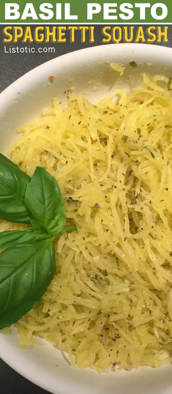 3 Ingredient Basil Pesto Spaghetti Squash Recipe (and how to bake it in the oven). Super easy!! Much healthier than pasta. 