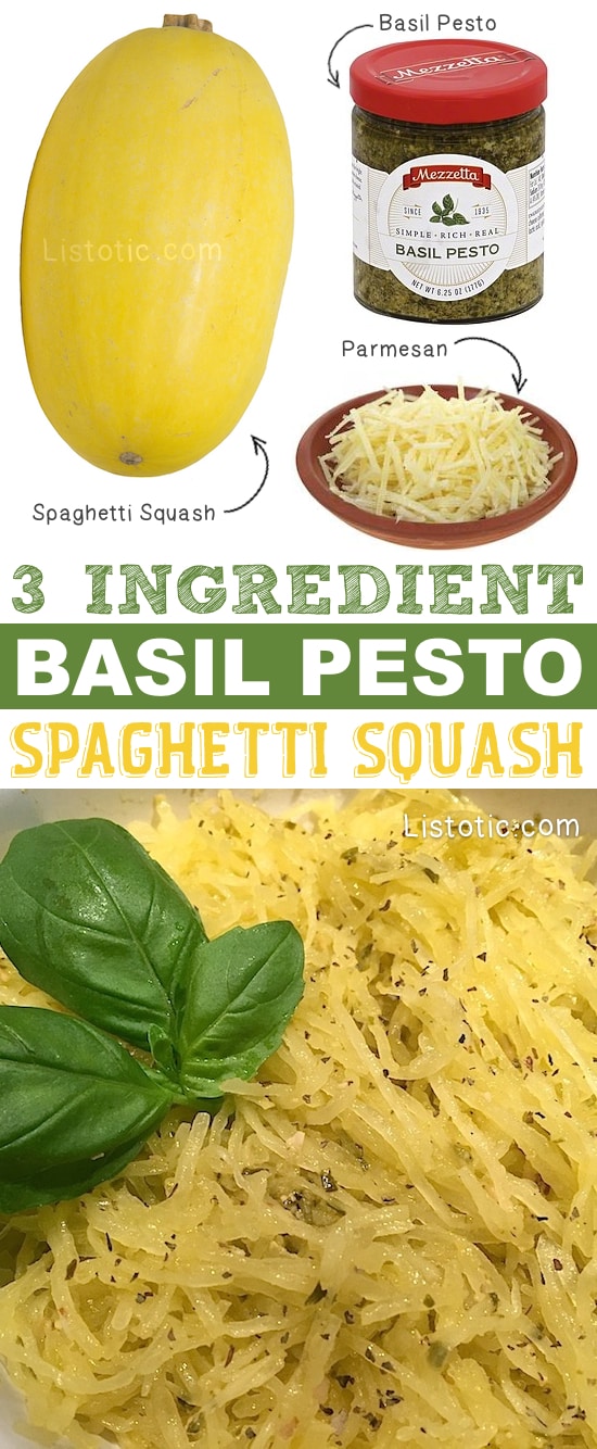 Healthy Spaghetti Squash Recipe: 3-Ingredient Basil Pesto Spaghetti Squash -- and how to cook it in the oven. Super easy for a snack, lunch or dinner! Low carb compared to pasta. | Listotic.com