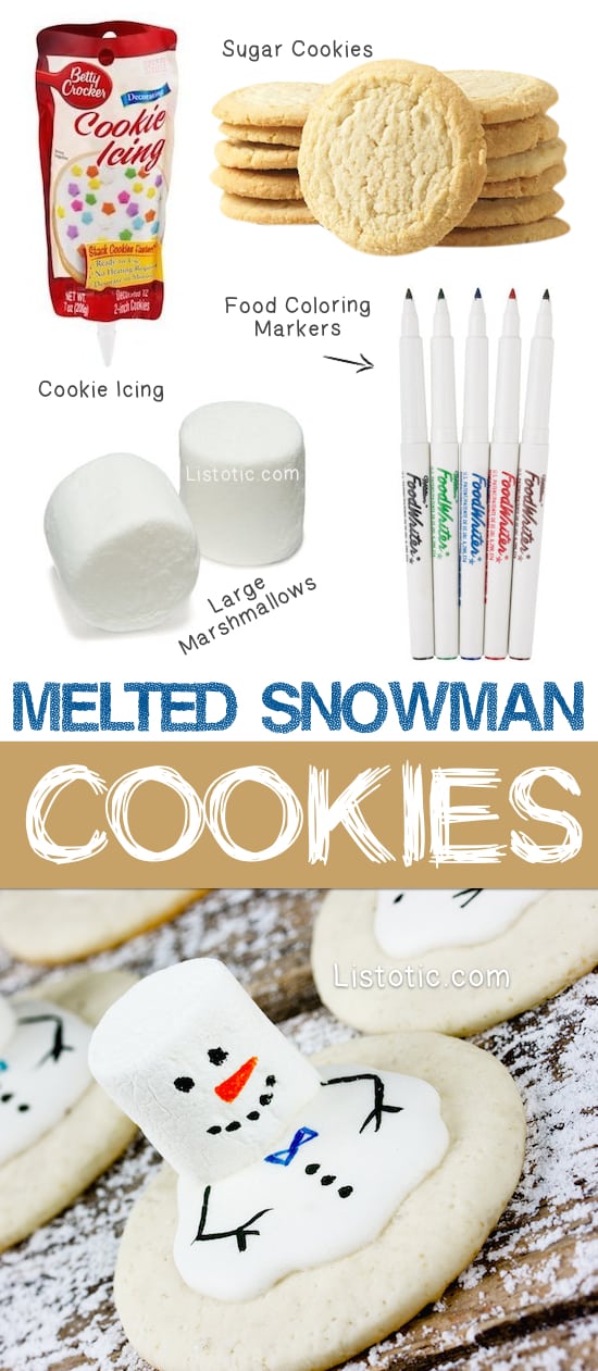 The BEST easy decorated Christmas cookies recipe! Easy Melted Snowman Cookies For Kids. The ultimate Christmas treats for school parties. No bake if you buy the cookies. Christmas dessert for a party. Listotic.com