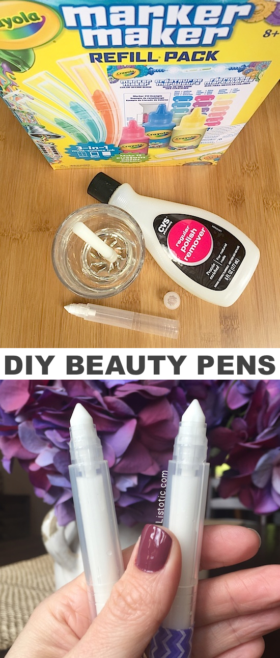 Make your own beauty pens! For nail polish remover, perfume, makeup remover, bleach and more! This is a DIY beauty hack every girl should know. My teens would love this! | Listotic.com