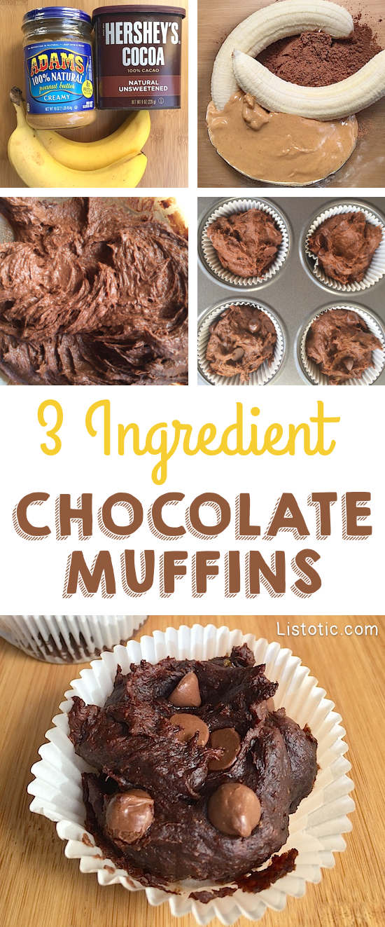Healthy chocolate muffins made with just 3 ingredients! No sugar or flour! And, they are SO GOOD! | Listotic.com