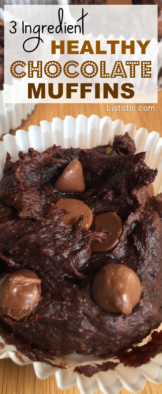 Healthy chocolate muffins made with just 3 ingredients! No sugar or flour! And, they are SO GOOD! It's the perfect healthy snack idea. Listotic.com