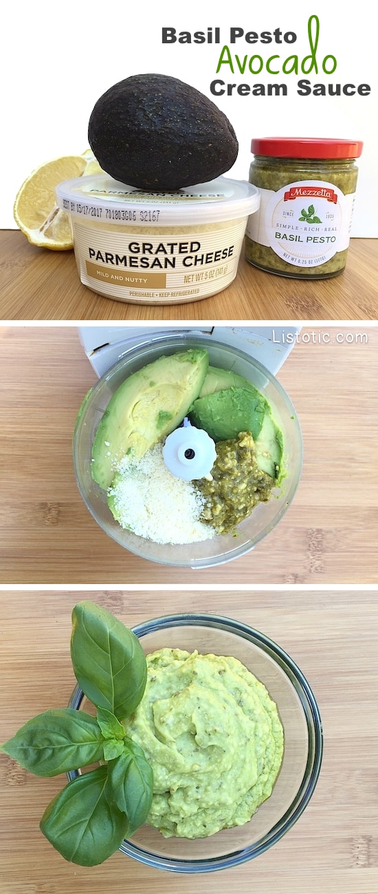 Easy Basil Pesto Avocado Cream Sauce, Spread or Dip -- Super healthy and so versatile!