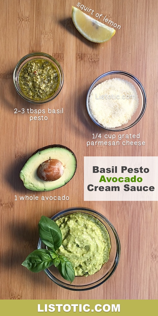 Easy Basil Pesto Avocado Cream Sauce, Spread or Dip -- Super healthy and so versatile!