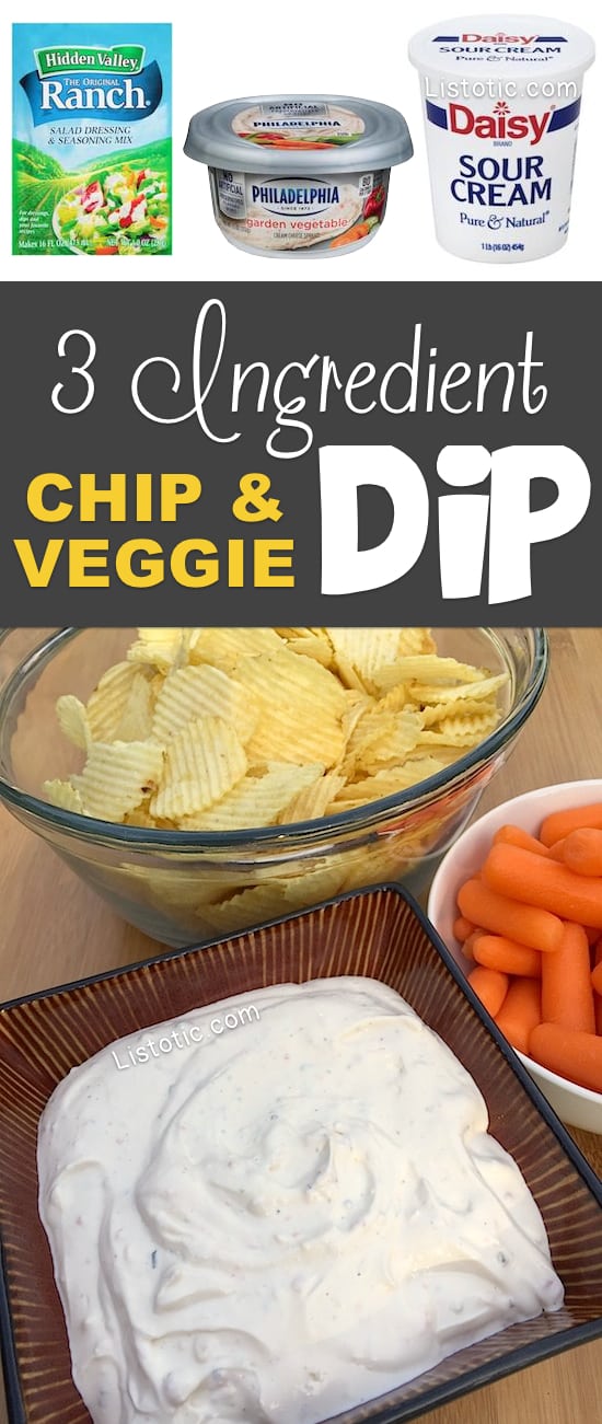 Super easy, 3 ingredient, cold chip and veggie dip appetizer for a party! A real crowd pleaser! Listotic.com