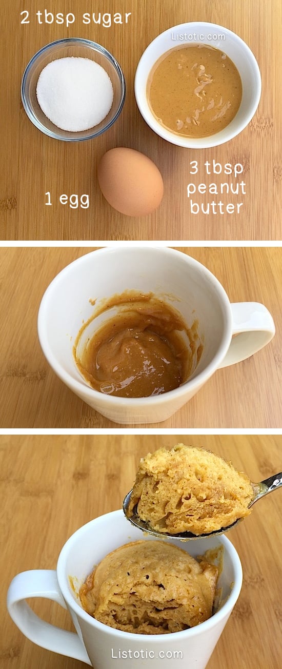 Easy Microwave Peanut Butter Mug Cake -- Just 3 ingredients! The perfect dessert recipe for one. Simple and single serve. Flour-less and gluten free. Listotic.com