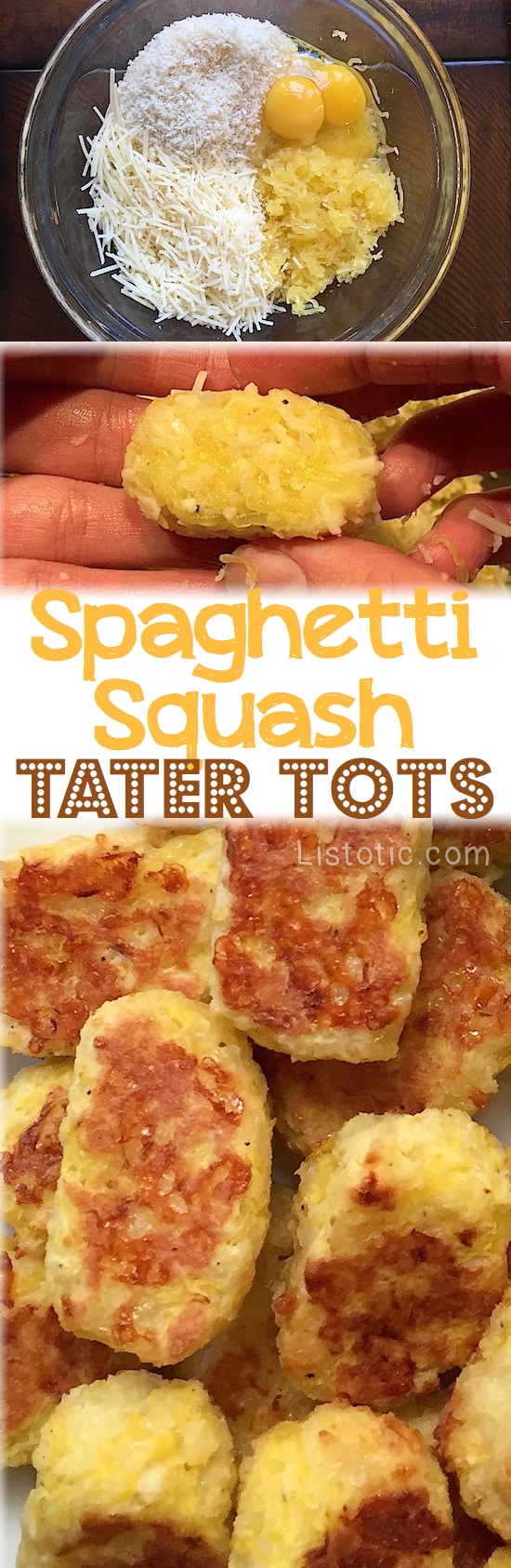 Easy Baked Spaghetti Squash Tater Tots -- These are so good, and only 4 ingredients! A nice healthy snack idea. Even kids love them. | Listotic.com