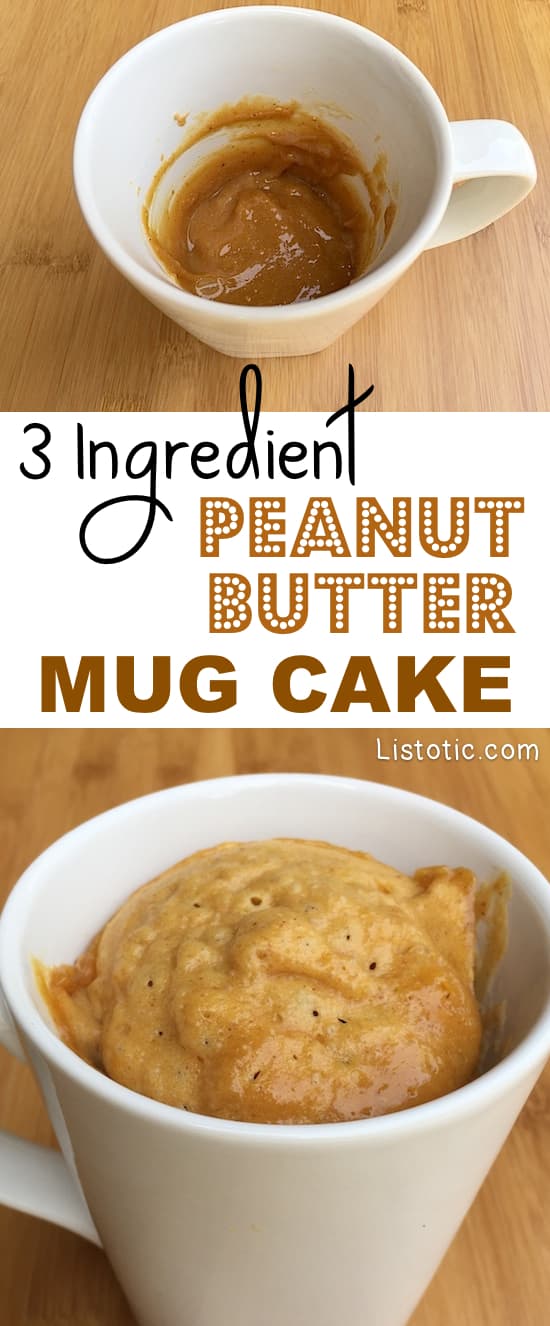 Easy Microwave Peanut Butter Mug Cake -- Just 3 ingredients! The perfect dessert recipe for one. Simple and single serve. Flour-less and gluten free. Listotic.com