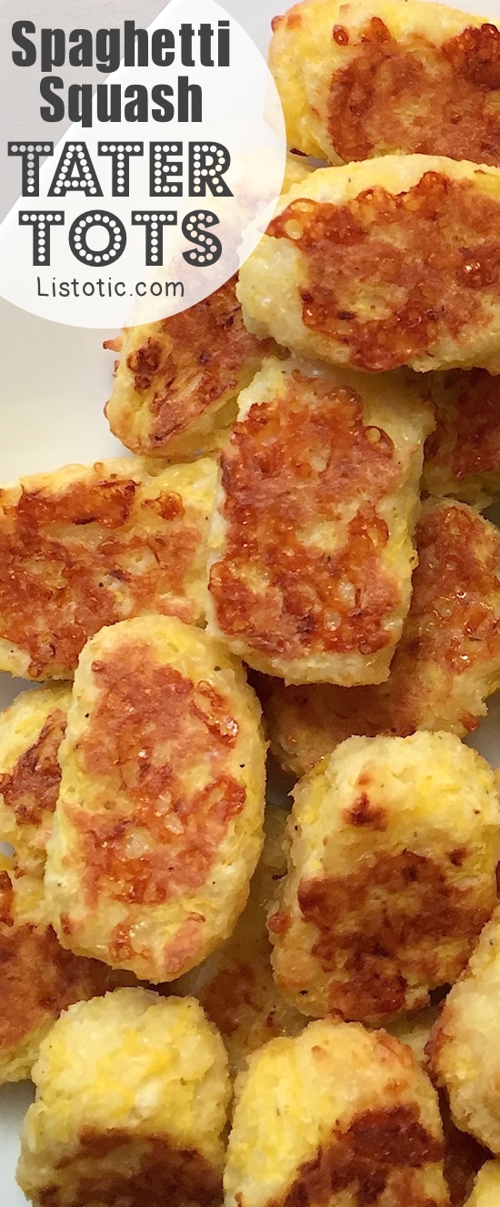 Easy Baked Spaghetti Squash Tater Tots -- These are so good, and only 4 ingredients! A nice healthy snack idea. Even kids love them.