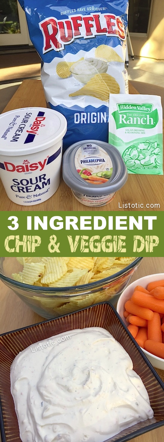 The BEST cold dip recipe for parties! It's perfect for chips and veggies. Super quick and easy no-bake recipe! Just 3 simple ingredients (sour cream, cream cheese, and ranch seasoning). Make ahead! | Listotic.com