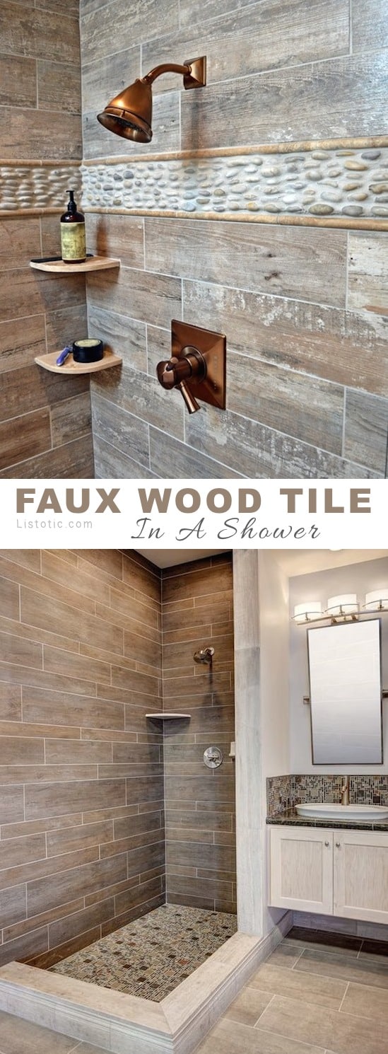 Wood tile in a shower! So rustic and pretty... Lots of beautiful and creative tile ideas for kitchen back splashes, master bathrooms, small bathrooms, patios, tub surrounds, or any room of the house!