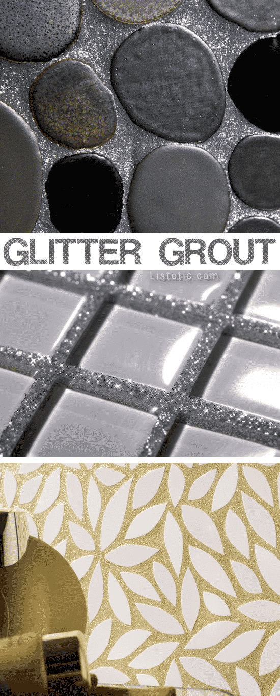 Home Decor Ideas -- Glitter grout! LOVE!! Lots of beautiful tile ideas for kitchen back splashes, master bathrooms, small bathrooms, patios, tub surrounds, or any room of the house!