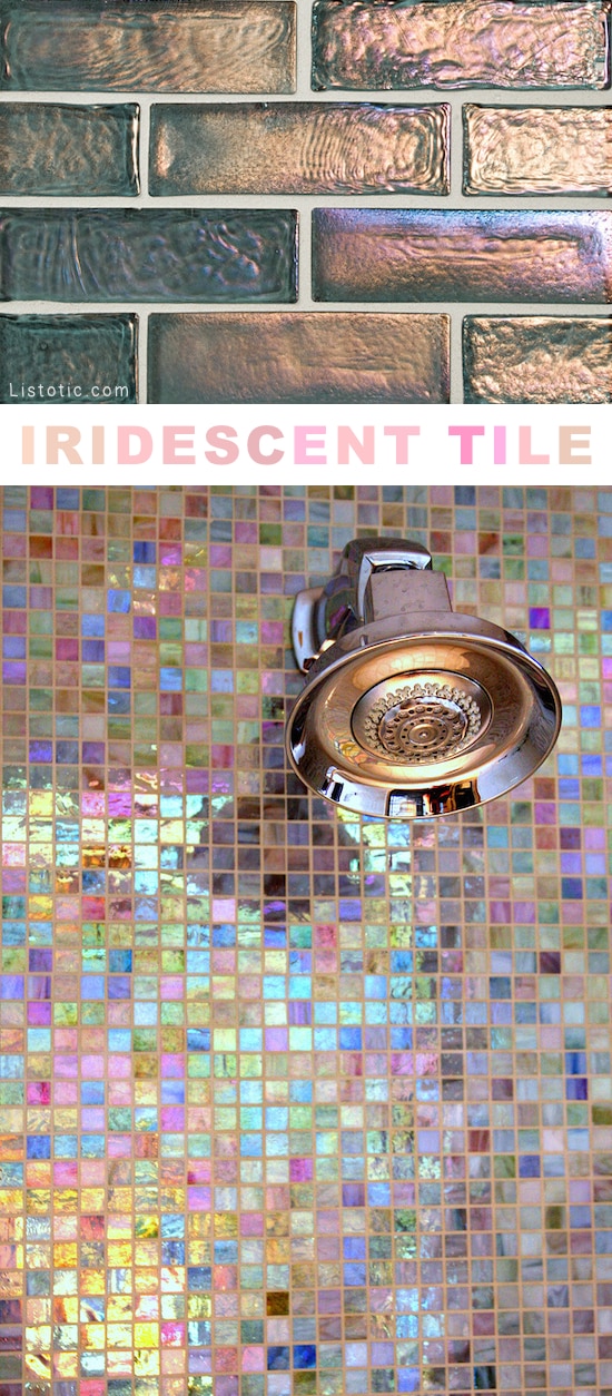 Home Decor Ideas -- I love this shimmery tile!! Lots of creative tile ideas for kitchen back splashes, master bathrooms, small bathrooms, patios, tub surrounds, or any room of the house!