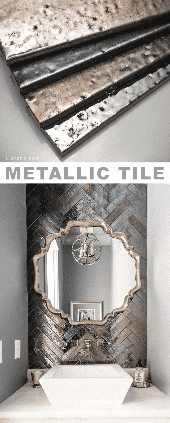 Home Decor Ideas -- Metallic tile! Beautiful and creative tile ideas for kitchen back splashes, master bathrooms, small bathrooms, patios, tub surrounds, or any room of the house! | Listotic.com