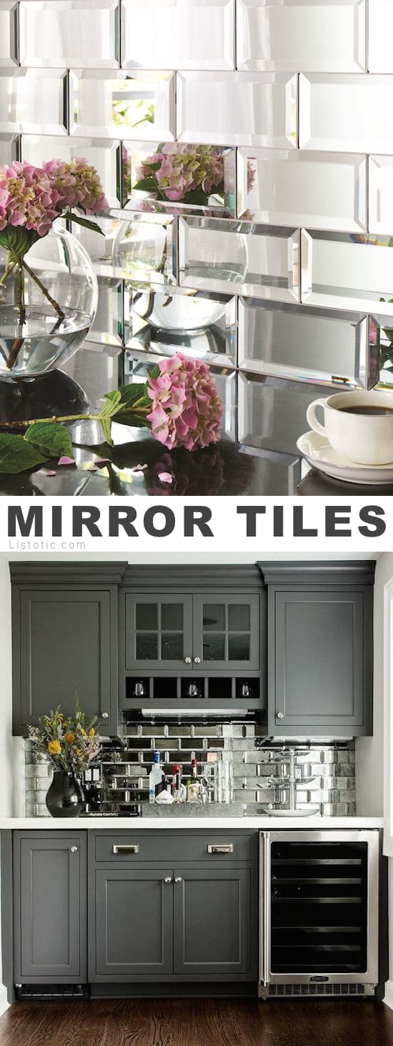 Home Decor Ideas -- Mirrored tile!? I LOVE it! Lots of creative tile ideas for kitchen back splashes, master bathrooms, small bathrooms, patios, tub surrounds, or any room of the house!