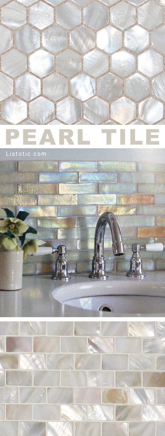 Home Decor Ideas -- I LOVE pearl tile! Lots of gorgeous tile ideas for kitchen back splashes, master bathrooms, small bathrooms, patios, tub surrounds, or any room of the house! | Listotic