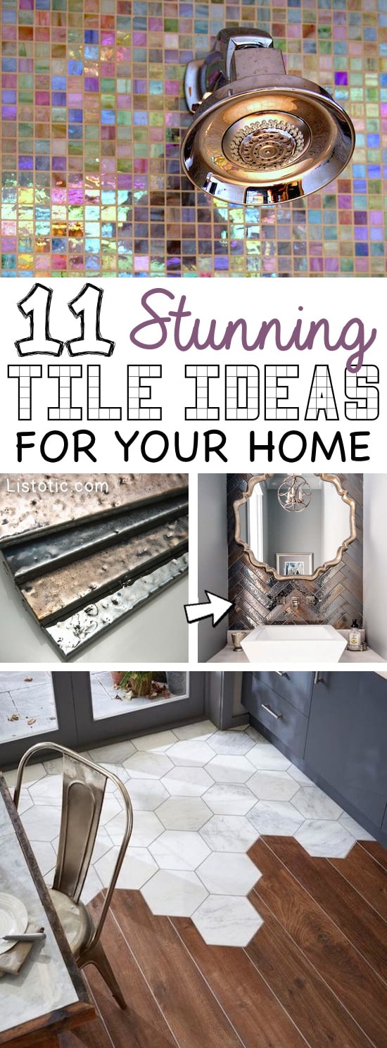 Home Decor Ideas -- Beautiful and creative tile ideas for kitchen back splashes and countertops, floors, master bathrooms, fireplaces, small bathrooms, patios, tub surrounds, or any room of the house! | Listotic