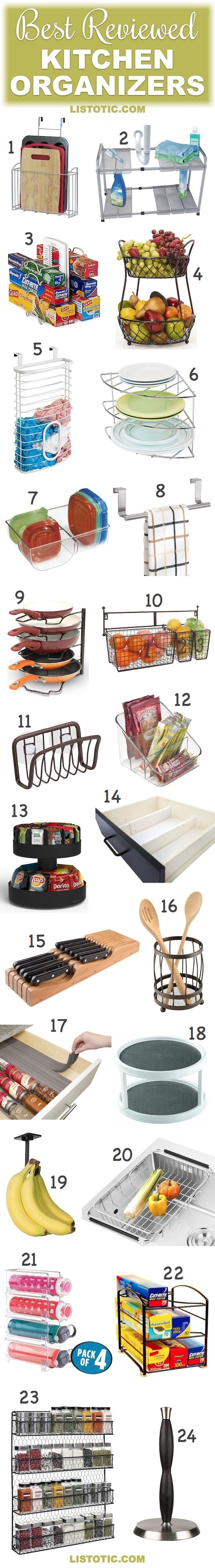 Small Kitchen Organization Ideas | These organizers are great for the pantry shelves, cabinets, under the sink or countertops... especially for small space kitchens or apartments (on a budget). | Listotic.com