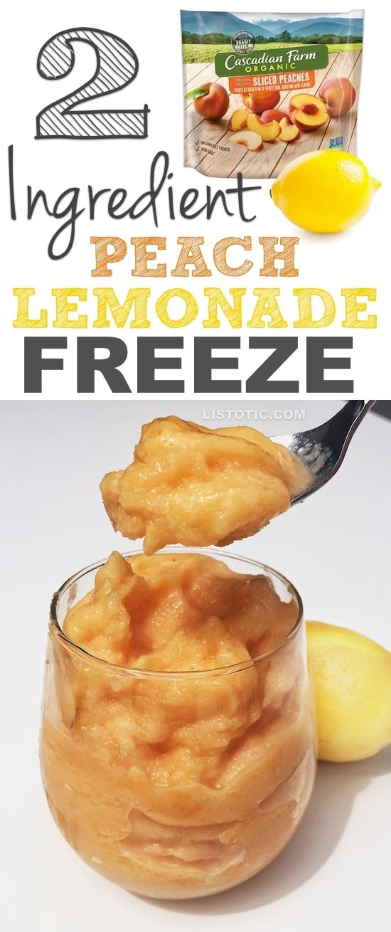 2 Ingredient Peach Lemonade Freeze (it's like a super thick smoothie!) - The perfect healthy snack recipe for summer! Listotic.com