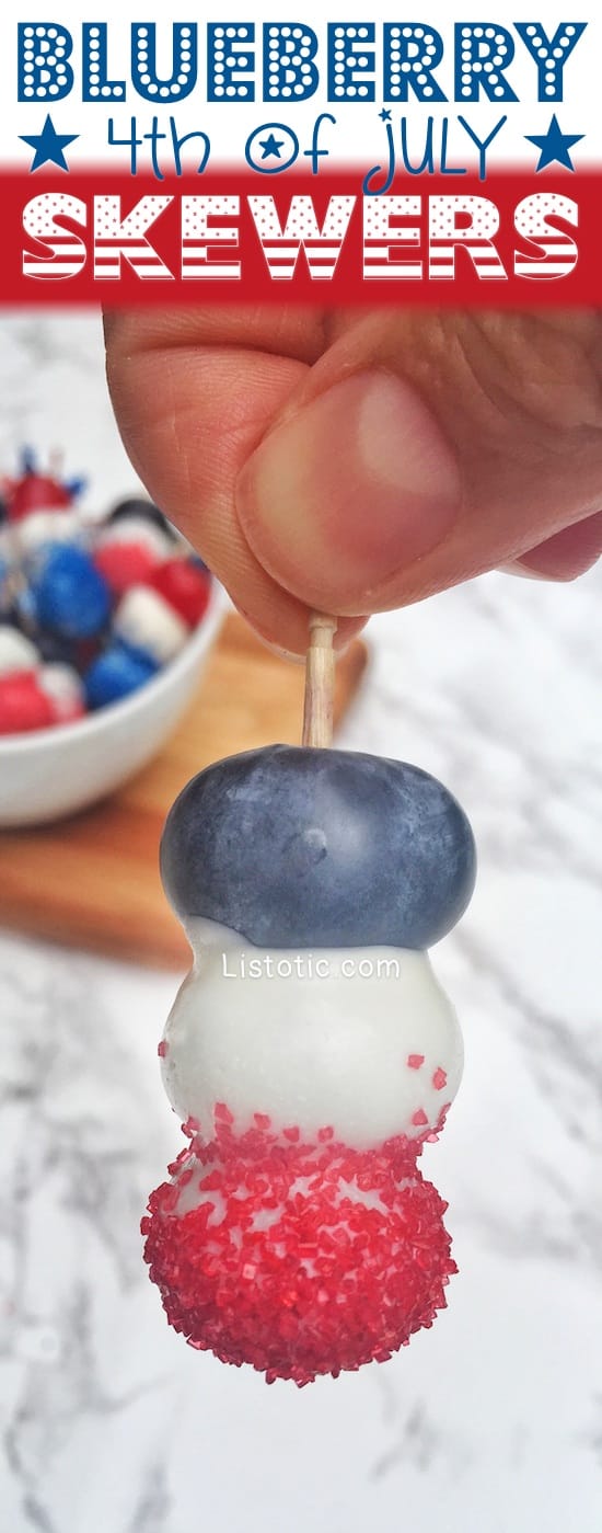 Isn't this the cutest 4th of July party food idea!? Mini blueberry and white chocolate patriotic skewers (also perfect for memorial day). Such a cute treat or even appetizer. | Listotic.com