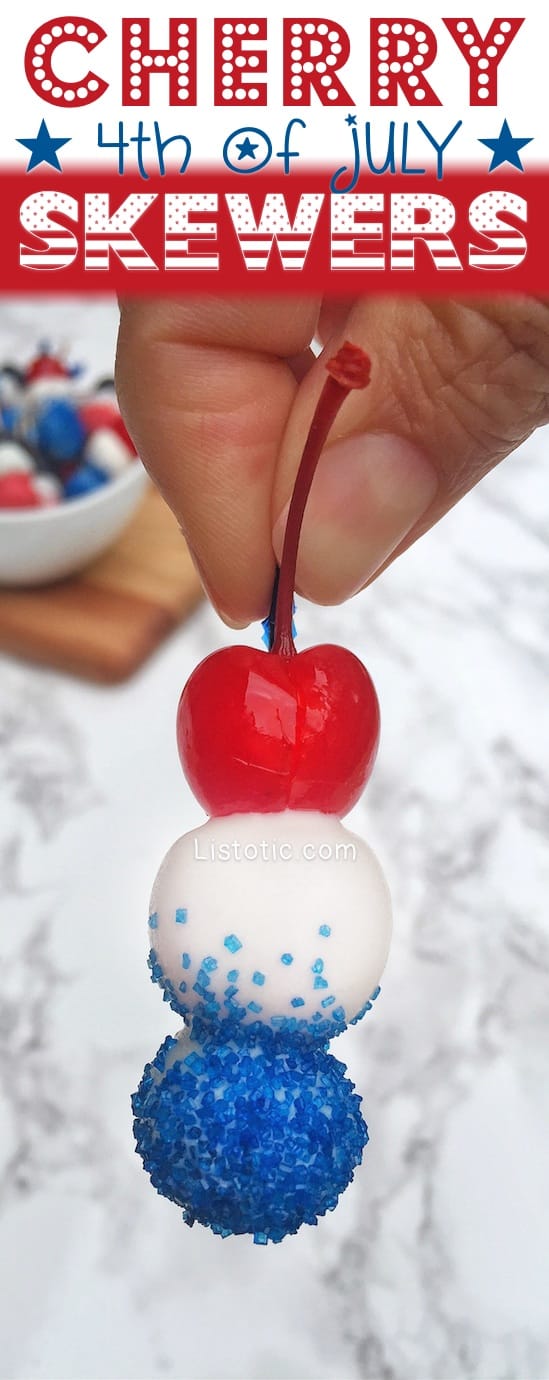 Isn't this the cutest 4th of July party food idea!? Mini cherry and white chocolate patriotic skewers (also perfect for memorial day). Such a cute treat or even appetizer. | Listotic.com