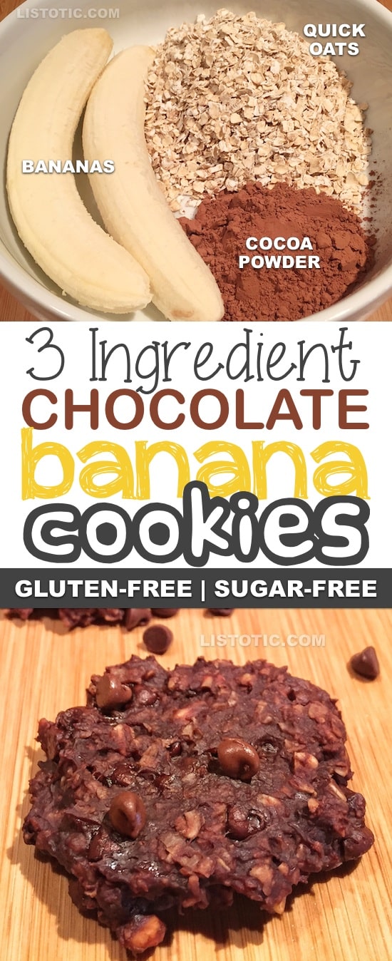 3 Ingredient Healthy Chocolate Banana Cookie Recipe | Sugar free, gluten free, vegan, healthy dessert and snack recipe. Listotic.com