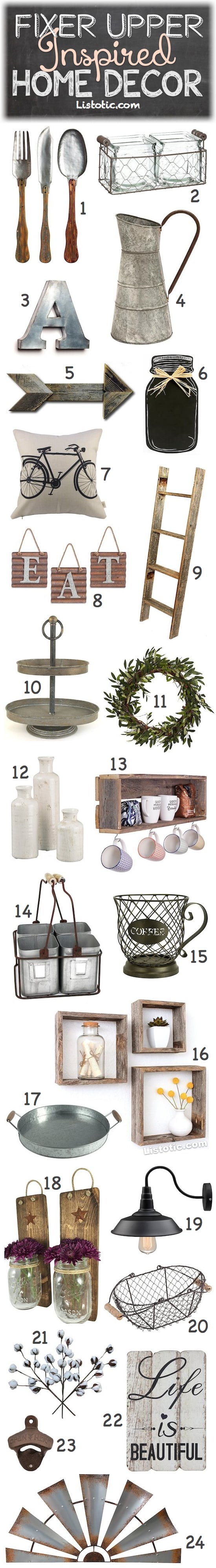 Fixer Upper Home Decor Ideas and products for your living room, kitchen, bathrooms, bedrooms or any room of the house! Farmhouse decor on a budget. Listotic.com 