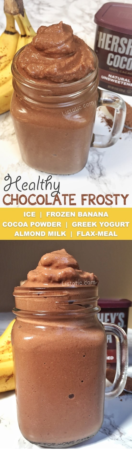 Healthy chocolate frosty ice cream recipe that tastes just like Wendy's! My kids love this thick milkshake/soft serve and have no idea that it's actually a healthy snack! Listotic.com