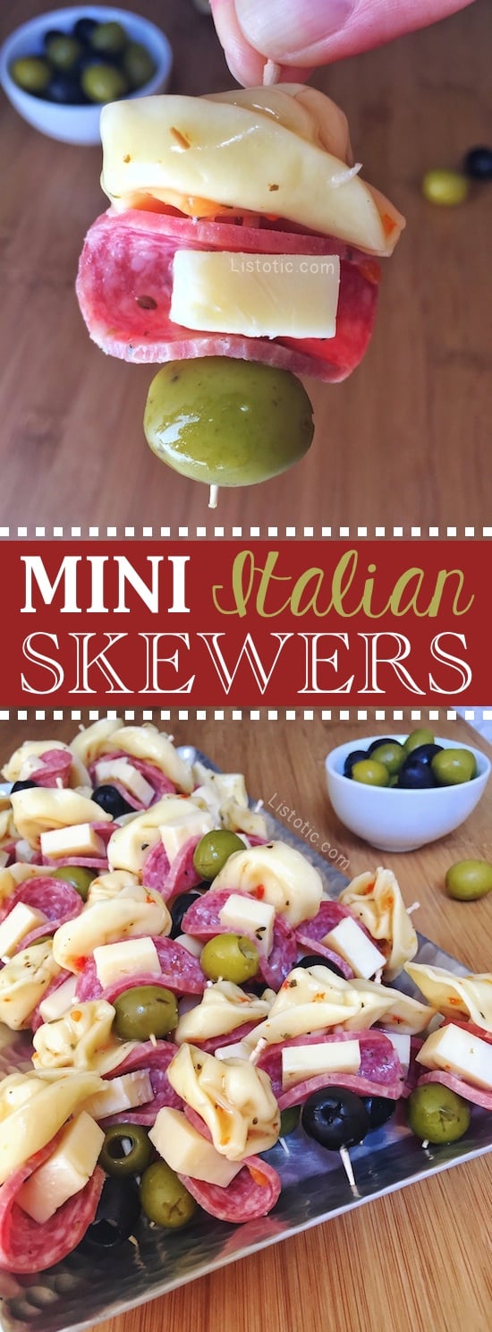 Easy Italian tortellini appetizer skewers for a party! A super quick, cold kebab recipe you can make ahead-- The perfect finger food idea for a crowd! Listotic.com 