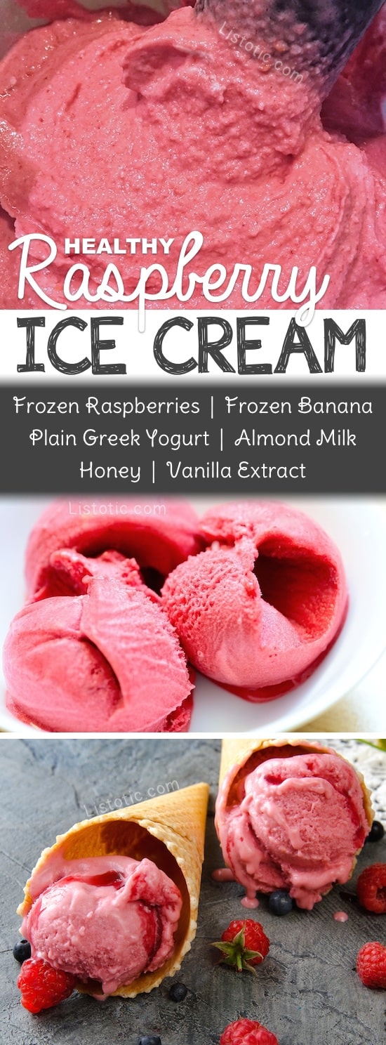 Healthy Homemade Raspberry Ice Cream Recipe -- my new favorite easy dessert! Made in the blender in less than 10 minutes. You can also eat it as a soft serve! YUM! Listotic.com