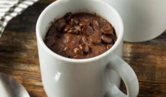 Delicious 2 minute brownie in a white mug.