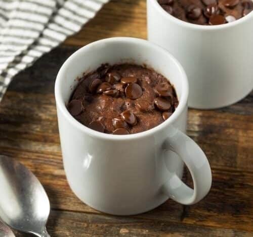Delicious 2 minute brownie in a white mug.