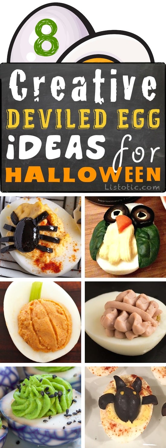 Deviled egg ideas for Halloween - spiders, owls, pumpkins and brains.