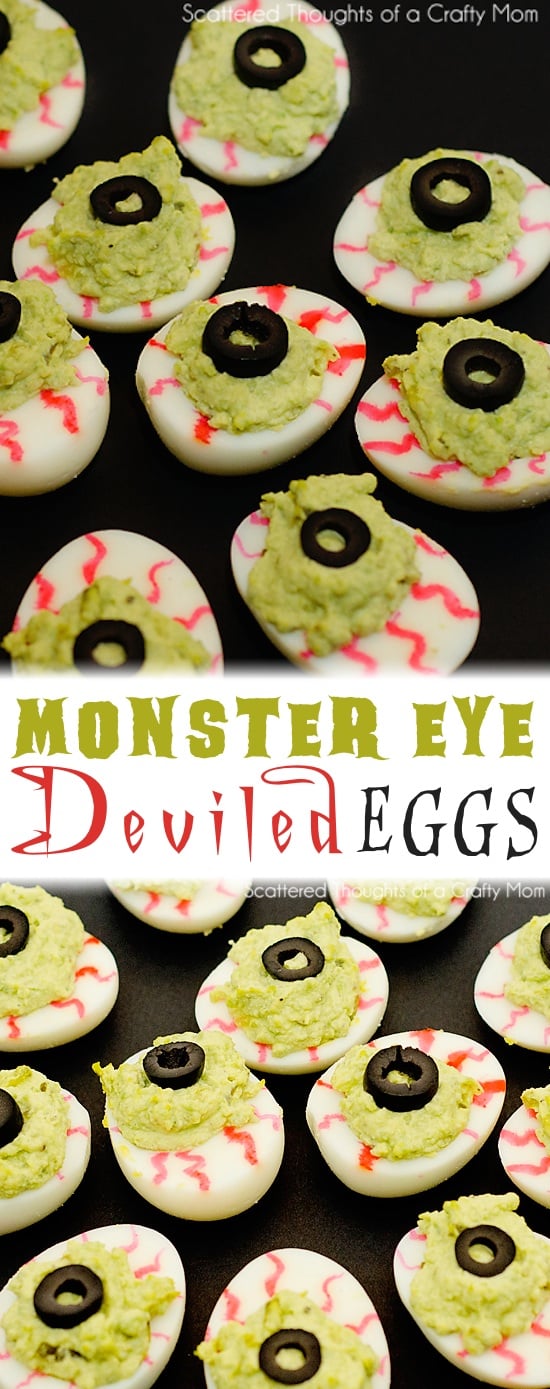 Monster Eyeball Deviled Eggs Recipe -- the perfect appetizer idea for a Halloween party! Kids and adults love them! Healthy and non-candy.