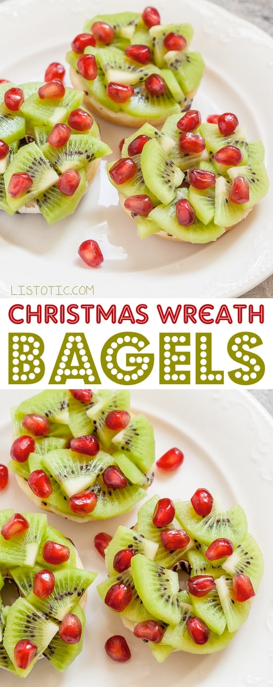  Bagels de guirlande de Noël (idée de fruit mignon pour le matin de Noël!) / Plus de 15 idées de petit-déjeuner de Noël amusantes et faciles pour les enfants! Ces recettes créatives sont si simples et faciles à préparer, mais rendront le matin de Noël très spécial. Tout, des crêpes aux toasts en passant par la farine d'avoine! Listotic.com